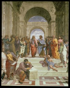 School of Athens, detalj av sentrum som viser forskjellige figurer inkludert Platon, Aristoteles, Michelangelo som Heraclitus og Diogenes, 1510-11 freskodetalj fra 472 av Raffaello Sanzio Raphael
