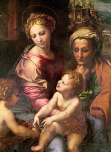 The Holy Family (eller The Pearl), detalj: Jomfruen, Saint Elizabeth and Child, ca. 1518 (olje på tre)