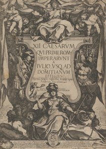 Frontispice med en trompetist klingende trompeter plassert på toppen av en kartusj flankert av tr..., 1606.