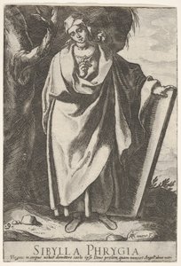 Plate 9: den frygiske sibyllen som holder toppen av et nettbrett med venstre hånd og peker mot..., 1609.
