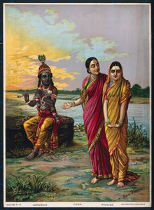 Krishna erklærte sin kjærlighet til Radha via en fortrolig, etter 1900 (farge litho) av Raja Ravi Varma