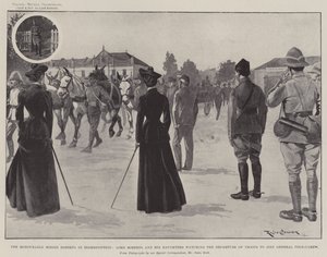 De ærede frøkene Roberts i Bloemfontein, Lord Roberts og hans døtre ser på troppens avgang for å slutte seg til general Pole-Carew av Ralph Cleaver