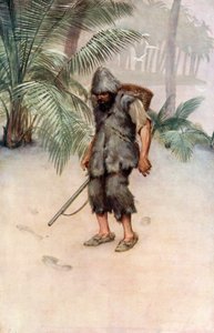 Illustrasjon for Robinson Crusoe av Daniel Defoe (farge litho)