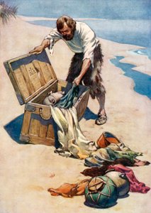 Illustrasjon for Robinson Crusoe av Daniel Defoe (farge litho)
