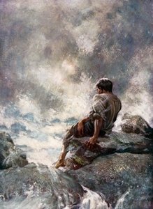 Illustrasjon for Robinson Crusoe av Daniel Defoe (farge litho)