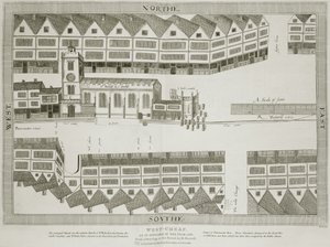 West Cheap slik det så ut i år 1585, gravert av Bartholemew Howlett (1767-1827) publisert 1814 av Ralph Treswell