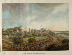 Lord Hastings' parti kommer inn i byen Lucknow på elefantrygg, ca. 1814-15 (akvarell på papir)