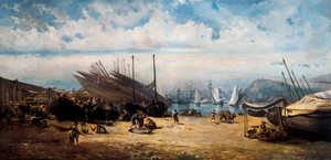 Barceloneta (sentral bydel i Barcelona). Maleri av Ramon MARTI i ALSINA (1826-1894)