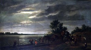 En vogn og hester går inn i en ferge på elven Leck i Holland om natten