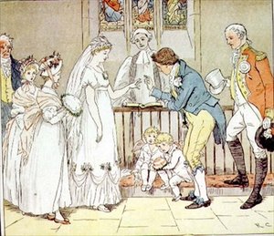 "Og hun giftet seg veldig uforsiktig med barberen" fra "The Great Panjandrum", pub. av Frederick Warne & Co. (farget gravering) av Randolph Caldecott