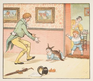 Babyspurv pakket inn i kaninskinnet, fra The Hey Diddle Diddle Picture Book, pub.1882 (fargegravering) av Randolph Caldecott