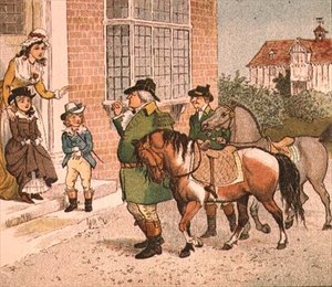 Illustrasjon fra Ride-a-cock-horse til Banbury Cross (Bringing Horses to the Children) av Randolph Caldecott
