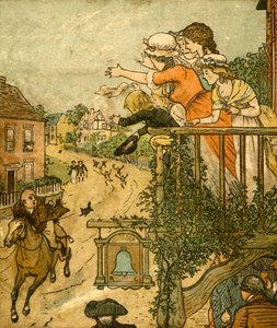 John Gilpin galopperer forbi Bell Inn mens hans kone og barn vinker fra balkongen, 1878, c1918. av Randolph Caldecott