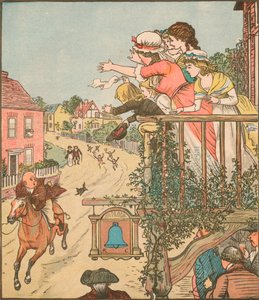 John Gilpin galopperer forbi Bell Inn mens hans kone og barn vinker fra balkongen, 1878, c1918. av Randolph Caldecott