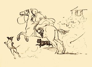John Gilpin blir jaget av hunder mens hesten hans galopperer ut av kontroll, 1878, c1918. av Randolph Caldecott