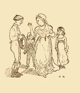 Fru Gilpin betaler postgutten for å finne mannen sin, 1878, c1918. av Randolph Caldecott