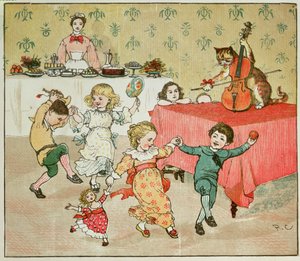 The Cat and the Fiddle and the Children's Party-illustrasjonen fra Hey Diddle Diddle av Randolph Caldecott