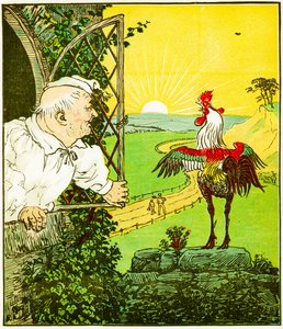 "Dette er hanen som gol om morgenen, som vekket dommeren helt barbert og klippet", illustrasjon fra The House that Jack Built av Randolph Caldecott