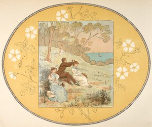 To kvinner og en mann sitter i en lysning nær kysten. Blomsterkant. av Randolph Caldecott