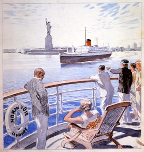 Transportere. Marine. Ankomst av den transatlantiske Le Normandie i New Yorks havn. Illustrasjon av Raoul du Gardier