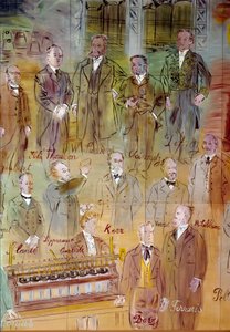 La Fee Electricite, detalj: Portretter av forskjellige intellektuelle og vitenskapsmenn: Jules Francois Joubert, Elihu Thomson, Ernst Werner Siemens, Charles Proteus Steinmetz, Marcel Deprez, Gaston Plante, Gabriel Lippmann, John Kerr, Maurice Leblanc, Hum av Raoul Dufy