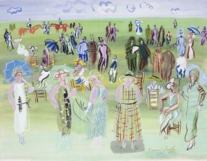 Poiret-utstillingsdukker på veddeløpene, med blå paraplyer; Poirets utstillingsdukker på veddeløpene, med blå paraplyer av Raoul Dufy