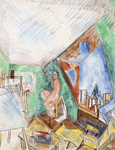 Kunstnerens atelier; L#39;Atelier de l#39;Artiste, rue Seguier i Paris, ca. 1909 (akvarell og svart fargestift på papir) av Raoul Dufy