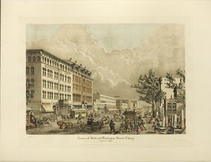 Corner of State og Washington Streets, Chicago, i år 1865