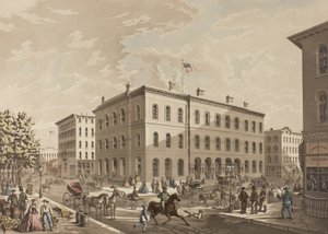 N.W. Hjørnet av Dearborn og Monroe Streets, Chicago, viser postkontorbygningen i år 1865