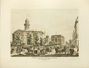 N. W. Corner of LaSalle og Randolph, Chicago, viser Court House Square i år 1864