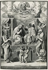 Kroning av jomfru i nærvær av døperen Johannes og den hellige Hieronymus av Raphael (1483 1520) (after)