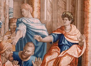 flamsk billedvev. Serie Apostlenes gjerninger. Elymas slo blind (La ceguera de Elymas). Syvende billedvev i serien. Modell tegneserie av Rafael Sanzio. 1519. Fremstilling Jan Raes II, Brussel. Ca 1605-1629. Stoff Silke og ull. Størrelse 534 x 783 cm. Locat av Raphael