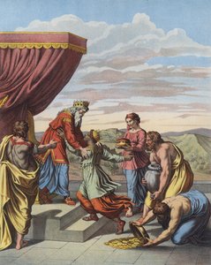 Kong Salomo mottar dronningen av Saba (farge litho) av after Raphael