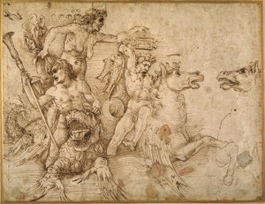 Battle of the Tritons, etter Andrea Mantegna (penn og brunt blekk på hvitt papir) av Raphael