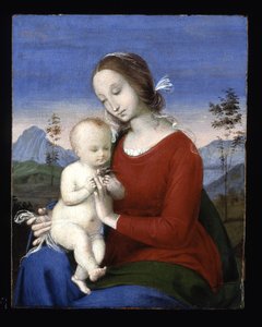 Madonna og barn med en fugl (olje på tre)