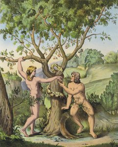 Eva presenterer eplet fra treet til kunnskap om godt og ondt til Adam (farge litho)