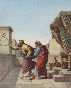 Jesaja informerer kong Hiskia av Juda at han vil leve femten år til (farge litho) av after Raphael