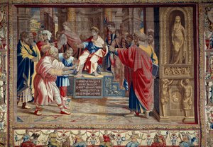 Livet til apostelen Peter og Paulus: "" straffen til Barjesu (Elymas) jødisk magiker som motarbeidet Paulus og var midlertidig blind""" Scenen finner sted foran den romerske prokonsul Lucius Sergius Paulus og Saint Barnaba. Du kan se inskripsjonen i av after Raphael