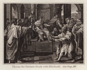 Raphael tegneserie: Elymas the Sorcerer Struck with Blindness, Acts, Chap XIII (gravering) av after Raphael