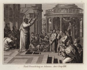 Raphael tegneserie: Paul Preaching at Athen, Apostlenes gjerninger, kap XVII (gravering) av after Raphael