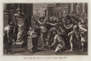 Raphael tegneserie: Paul og Barnabas i Lystra, Apostlenes gjerninger, kap XIV (gravering) av after Raphael