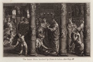 Raphael tegneserie: Den lamme mannen helbredet av Peter og Johannes, Apostlenes gjerninger, kapittel III (gravering) av after Raphael
