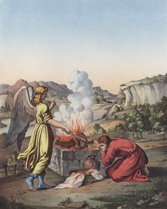 Engelen dukker opp foran Gideon (farge litho) av after Raphael