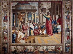 Apostelen Saint Paul forkynte i flysiden til Athen-teppet etter å ha malt på papp av Raffaello Sanzio dit Raphael (1483-1520), begynnelsen av 1500-tallet Sun.