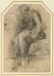 En mannlig helgen, sittende (St Paul): Study for the Disputa, WA1846.189 (kull med hvit forhøyning) av Raphael