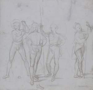 Gruppe på fire stående soldater (sølvpunkt på et blågrå preparat på off-white papir) av Raphael