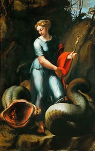 Margaret av Antiokia av Pisidia (eller Saint Marine, Marina) (død rundt 305) - Saint Margaret - Rafael (Raffaello Sanzio da Urbino) (1483-1520). Olje på tre, ca 1518. Størrelse: 191,3x123 cm. Kunsthistorisk museum, Wien av Raphael
