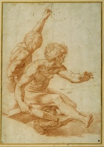 Nakenstudier for St. Andrew og en annen apostel i 'The Transfiguration' (rødt kritt over stylusinnrykk på krempapir) av Raphael