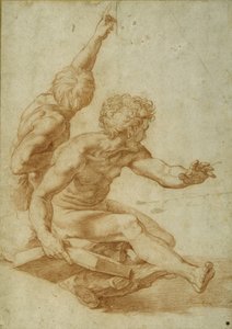 Nakenstudier for St. Andrew og en annen apostel i 'The Transfiguration', ca. 1517 (rødt kritt over stylusinnrykk på krempapir) av Raphael