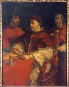 Portrett av pave Leo X (1475-1521), sønn av Laurent de Medici (1449 - 1492) (Laurent den storslåtte: Lorenzo den storslåtte) omgitt av kardinalene Luigi de 